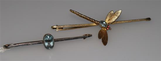 A 15ct gold and aquamarine bar brooch and a gold dragonfly bar brooch.